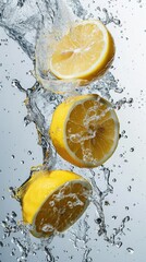 Levitating yellow juicy lemon halves fly with splashes of water. Fruit saturated with Vitamin C