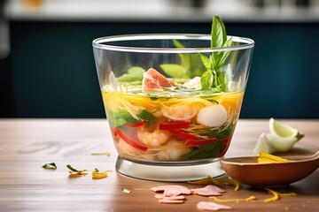 steamy soup in a clear glass bowl showing layers of ingredients - Powered by Adobe