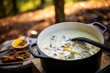 homemade clam chowder in a dutch oven with ladle