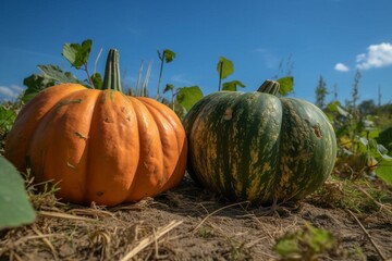 Close-up of three big pumpkins on the ground with green leaves underneath and a blue sky in the background. Generative AI