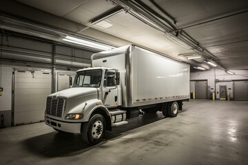 Refrigerated truck inside storage facility. Generative AI