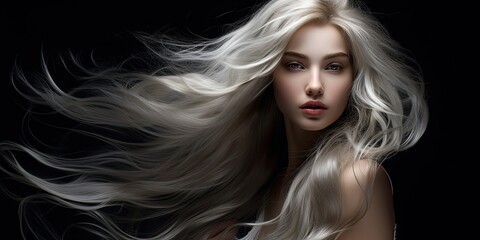 Obraz premium Beautiful blonde with curly hair, natural makeup and red lips. Facial and hair beauty. The picture was taken in the studio