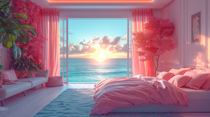 A bedroom with a large window overlooking the ocean.Generative AI