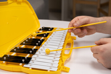 Playing with sticks on a metallophone, a metal xylophone. Percussion Musical Instrument