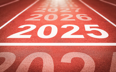 Start of new year. Changes of year 2025, 2026, 2027 on Running track. Concept of new ideas starting...