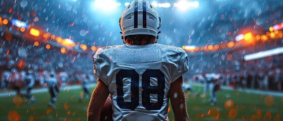 back view of American football player holding football while walking into football stadium.Generative AI - obrazy, fototapety, plakaty