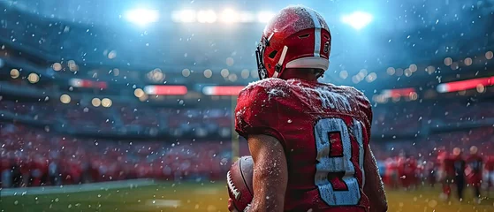 Fotobehang back view of American football player holding football while walking into football stadium.Generative AI © ZzGooggiigz