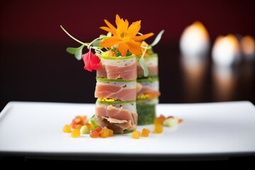 peking duck sushi roll with garnish