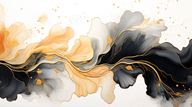 Gold abstract black marble background art paint pattern ink texture watercolor white fluid wall. Abstract liquid gold design luxury wallpaper.Generative AI