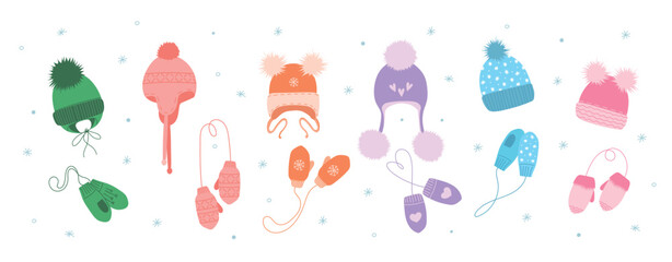 Set children winter accessory. Knitted kids warm headwear, autumn and winter accessories isolated on white background icons set. Winter hat and mittens, childish accessory