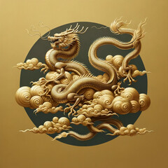the minimalist realistic art illustrations of mythical gold dragons on a cloud, designed in a traditional Chinese style and powerful  with a real gold background.