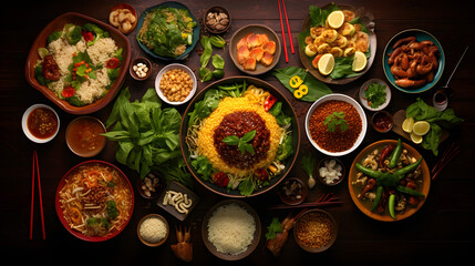Asian food variation with many kinds of meals