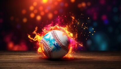 Fototapeta na wymiar Leather baseball ball in a colorful explosion of fire energy and movement