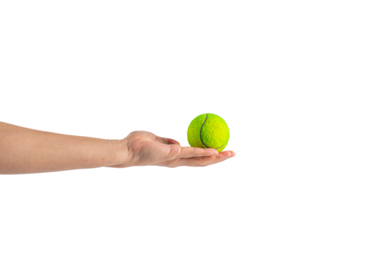 Tennis ball in hand on transparent background