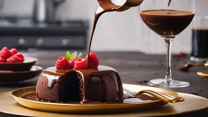 Chocolate Lava Cake it that has chocolate ganache liquid chocolate pouring out when sliced open on a solid 24k carat gold plate with large glass of cholate milk and perfectly placed utensils