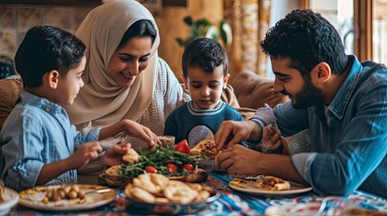Joyful Muslim Family Sharing Traditional Meal at Home.