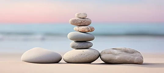 Foto op geborsteld aluminium Stenen in het zand Zen stones on sand serene meditation rocks in tranquil garden for mindfulness and relaxation