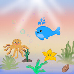 Fototapeta na wymiar Under the ocean, fish, seaweed, underwater view