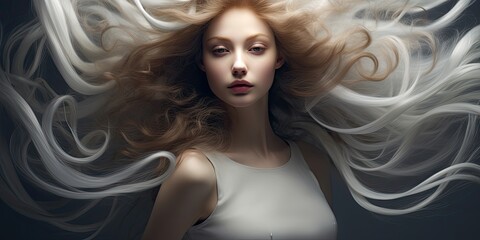Fototapeta premium Beautiful blonde with curly hair, natural makeup and red lips. Facial and hair beauty. The picture was taken in the studio