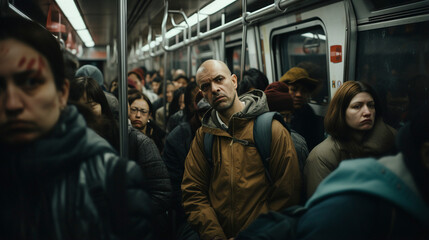 Fototapeta premium City Travel Rhythms: Men Riding the Vibrant Subway, generative ai