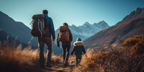 family hiking in the mountains - obrazy, fototapety, plakaty