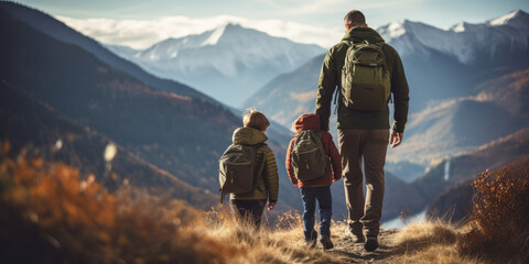 family hiking in the mountains - obrazy, fototapety, plakaty