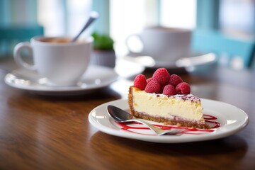 slice of raspberry cheesecake with coffee cup in background
