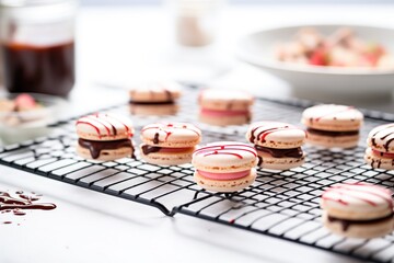 raspberry macarons with chocolate drizzle on cooling rack