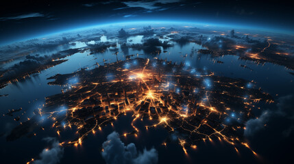 Fototapeta na wymiar View from space of planet Earth. City lights. Blue glow light clouds. AI generative