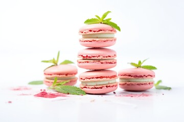 stacked raspberry macarons on white background with mint leaf