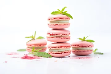 Foto op Aluminium stacked raspberry macarons on white background with mint leaf © altitudevisual