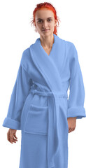 Mockup of blue terry bathrobe on girl, png, front view, for design