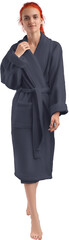 Mockup of dark blue terry bathrobe on girl, png, front view, full size, for design