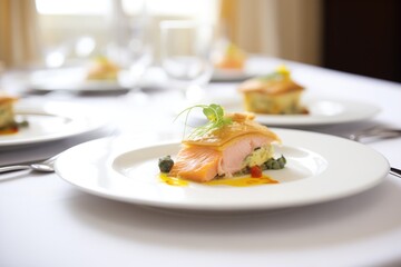 portions of salmon en croute on individual guest plates