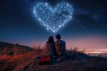 Fototapeta na wymiar two lovers romantic night couple looking at stars in the sky sitting on green grass field , ultra wide, pragma