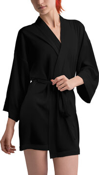 Mockup black silk robe on girl, short dressing gown png, for design, front view