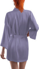 Mockup violet silk robe on girl, short dressing gown png, for design, back view