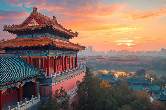 Fototapeta The Forbidden City imperial palace in Beijing China, high angle aerial view