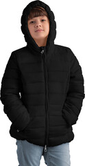 Mockup of winter black puffer jacket on a girl, outerwear png, for design, front view