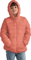 Mockup of winter red puffer jacket on a girl, outerwear png, for design, front view