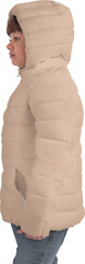 Mockup of winter tan, nude, beige puffer jacket on girl, outerwear png, for design, side view