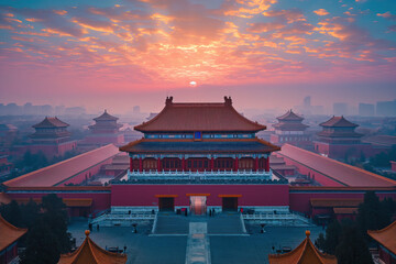 The Forbidden City imperial palace in Beijing China, high angle aerial view - obrazy, fototapety, plakaty