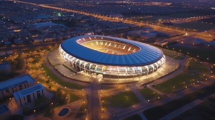 Aerial view on soccer stadium in evening time, - obrazy, fototapety, plakaty