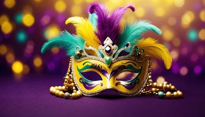 Poster Mardi gras mask, Carnival mask decoration with soft focus light and bokeh background © WrongWay