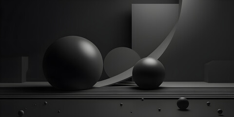A white egg sits on a plate next to a black egg, Black halved sphere podium, pedestal or platform with black spheres on the floor, Sphere on podium with stairs.  - obrazy, fototapety, plakaty