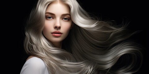 Beautiful blonde with curly hair, natural makeup and red lips. Facial and hair beauty. The picture was taken in the studio