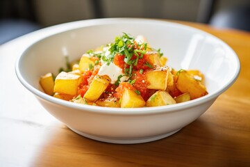 patatas bravas in a bowl with spicy tomato sauce