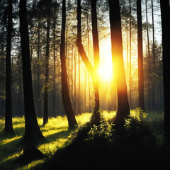 Beautiful dawn appears through the trees.