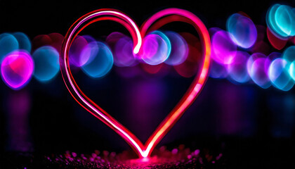 Pink neon glowing line in heart shape
