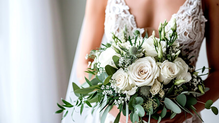 Bride in Lace Dress Holding Elegant White Rose Wedding Bouquet